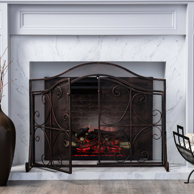 Fireplace Partition, Iron Frame, Fine Mesh, 31.61" H X 43.25" W Barrier, Iron, Ornamental Design, W, Matte