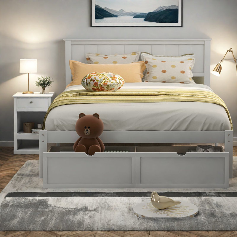 Modern Space-saving Full Size Pine Bed With Storage Drawers