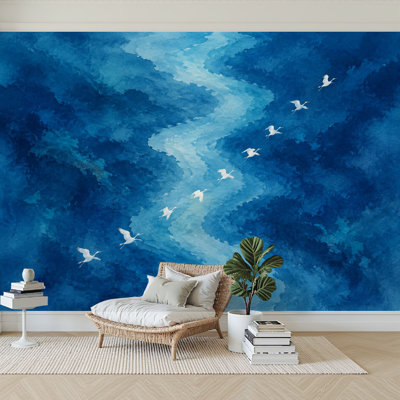 Papier peint adhésif autocollant abstrait aquarelle bleu tourbillon oiseaux blancs vol autocollant amovible papier contact mural pour salon chambre à coucher H 100 po x l 144 po