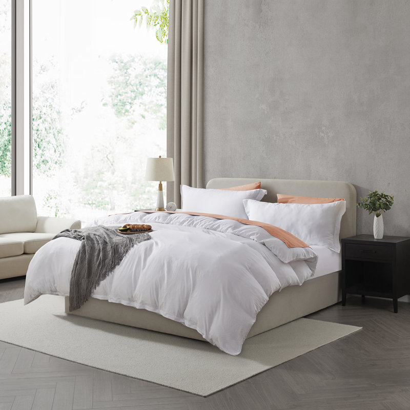 Ensemble de housse de couette prélavé, Blanc, Housse de couette double et 2 taies décoratives s