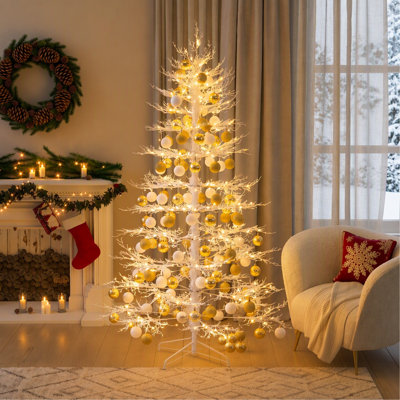 6FT Pre-lit Aspen Fir Artificial Christmas Tree, Hinged Xmas Tree with 600 Warm White LED Lights & 150 Ball Ornaments, 253 PE Tips White Holiday Tree for Home Decor