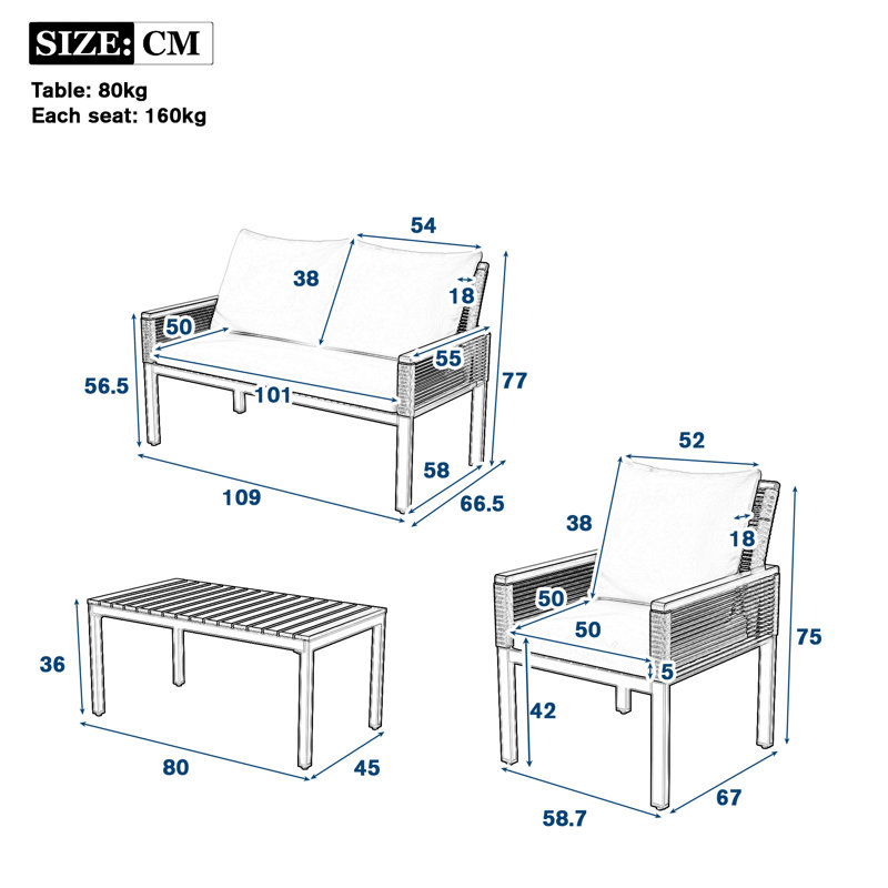 Rattan Garden Furniture Set With Double Sofa, 2 Armchairs And Table, Beige, Natural/Black