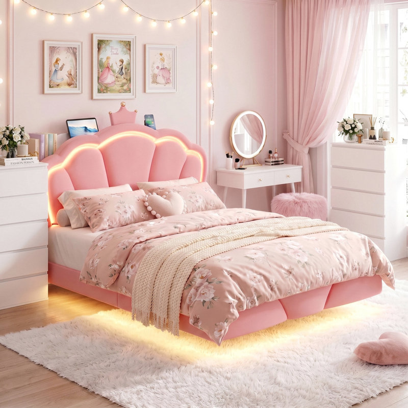 Ensemble de chambre à coucher 3 pièces avec lit de rangement flottant et 2 commodes à 5 tiroirs, Rose, Lit double