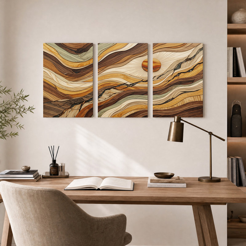 «Brown and Tan», ensemble de 3 toiles abstraites en bois, H 18 po x l 12 po x 3 pièces