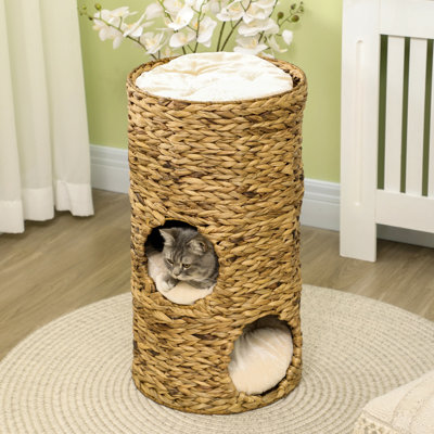 Lit surélevé pour chat avec trois cachettes et quatre coussins moelleux Pawhut