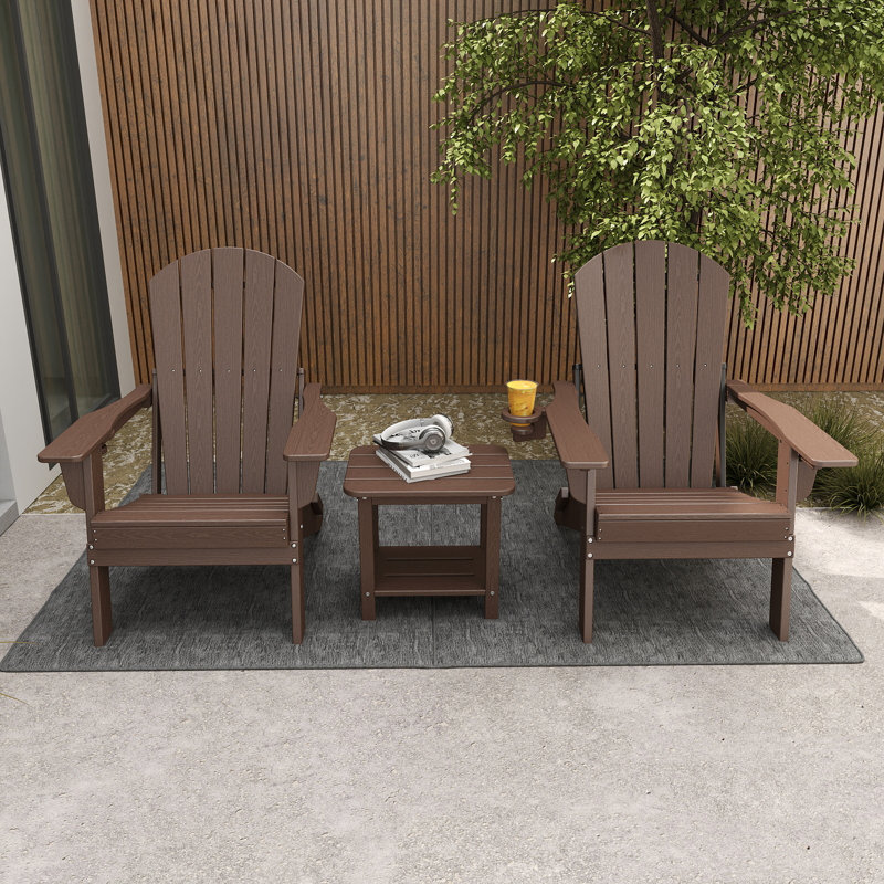 3-Piece Outdoor HDPE Adirondack Seating Set – 2 Foldable Patio Chairs With Cup Holders & 2-Tier End Table, All-Weather Poly Lumber Furniture For Porch, Backyard, Deck & Pool Area