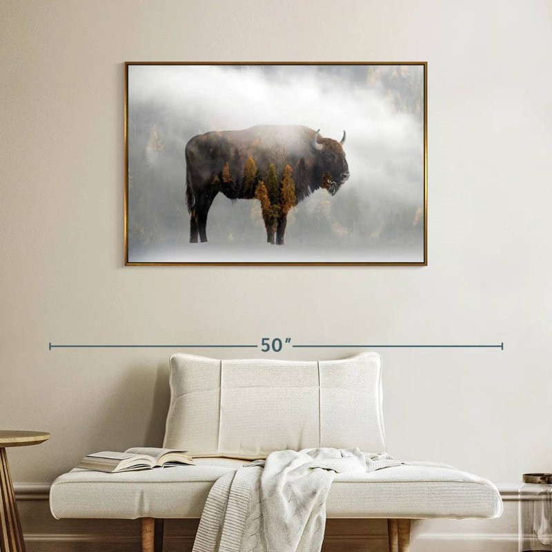 Bison de la forêt de pins, Cadre flottant doré, 40 po x 27 po