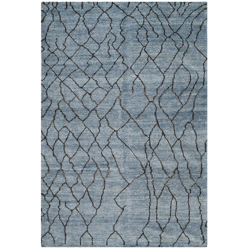 Tapis bleu / noir en viscose / coton noué à la main Imraan, Rectangle 6 pi x 9 pi