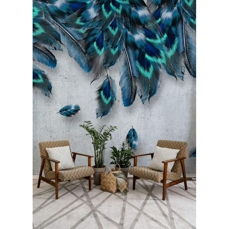 Blue Teal Feather Pattern Wallpaper on Gray, 36.96" L x 56" W