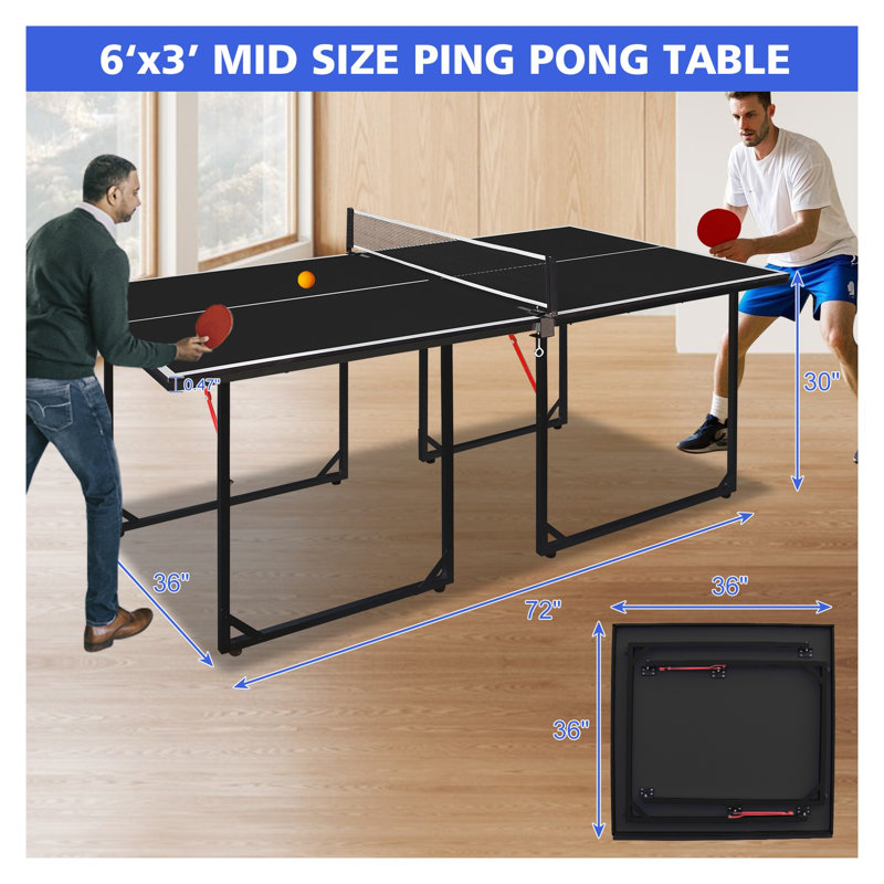 Table de tennis de table pliable 6 pieds avec surface de jeu en panneau de fibres à densité moyenne de 12 mm, Black