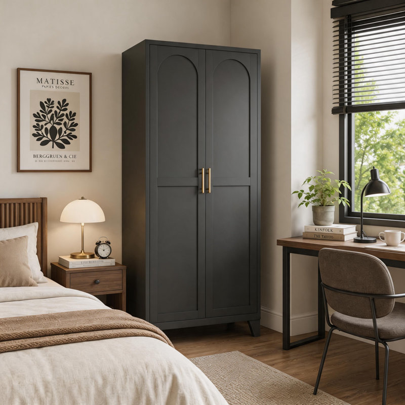 Armoire de rangement entièrement noire avec portes arquées et poignées dorées, armoire d'appoint 2 portes pour le salon    