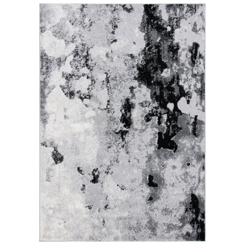 Tapis gris / noir en polypropylène tissé à la machine à motif abstrait Leonaldo, Rectangle 3 pi x 5 pi