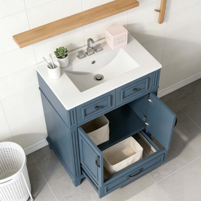 Meuble-lavabo de salle de bain avec lavabo en céramique, armoire de rangement en bois massif, 24'Blue
