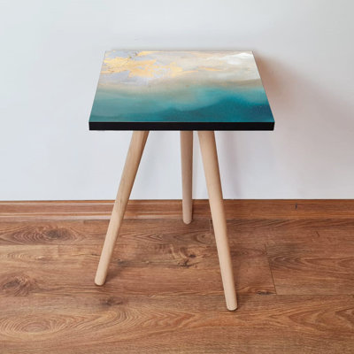 Stylish Abstract Side Table, 100% MDF with Beech Wood Legs, 13.8 x 16.5 x 13.8 inches | Blue, Beige & White Colors | Perfect for Living Room & Bedroom, Modern Design with Sturdy Construction