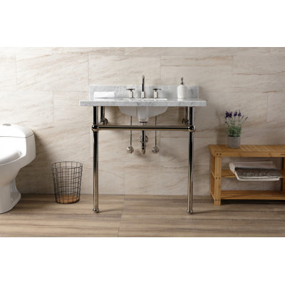 Évier de console Kingston en laiton KVBH3622M8SQ8 Addington de 36 po avec pieds en laiton (8 pouces, 3 trous), blanc marbre / nickel brossé Kingston