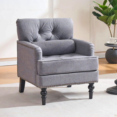 Fauteuil club touffeté avec coussin, fauteuil d'appoint, fauteuil capitonné, canapé en velours côtelé pour chambre à coucher, salon, fauteuil de lecture moderne Mid-Century, gris