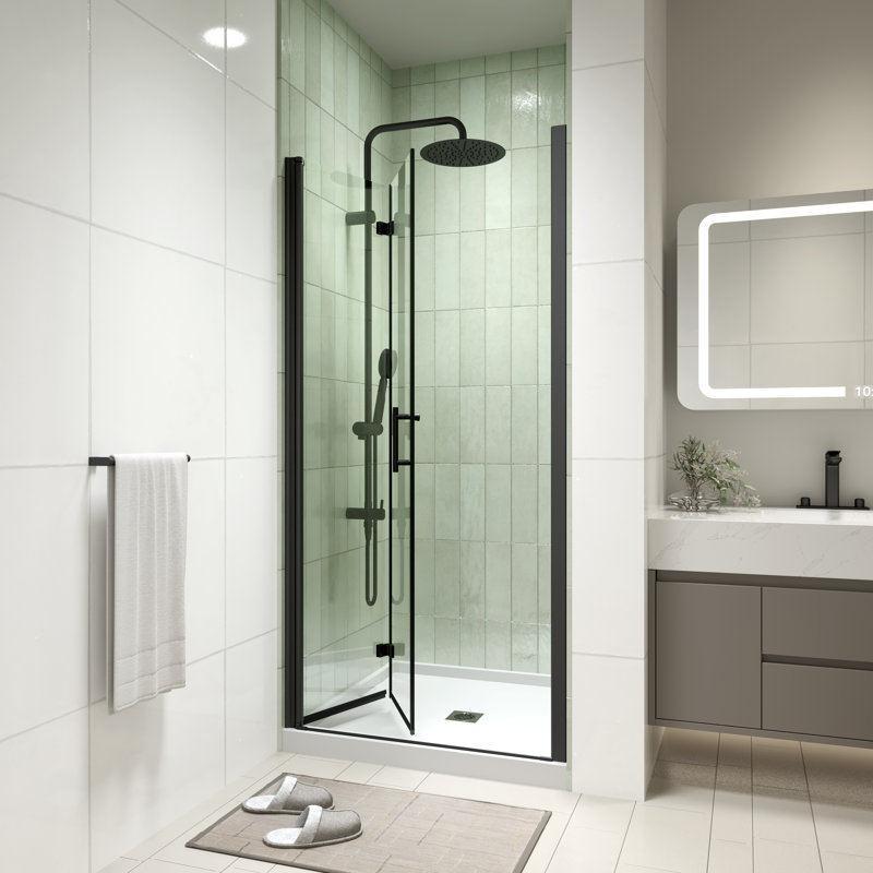 Porte de douche pliante sans cadre 36 "- 37 3/8" x H 72 "avec verre trempé transparent 1/4" (6mm), Noir mat
