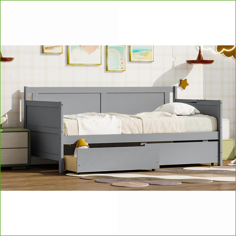 Twin Size Solid Pine Wood Storage Daybed with 2 Drawers – No Box Spring Needed, Grey for Guest Room/Living Room, Gray