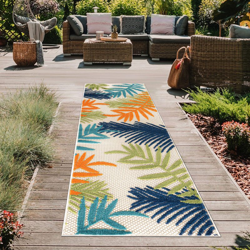 Parksley Palm Frond Indoor/Outdoor Area Rug Ivory/Orange/Navy, Runner 2' x 7'