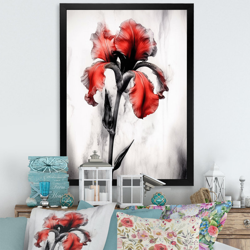 «Red Black Iris Petal I» sur toile, H 32 po x l 16 po x P 1 po, Cadre photo noir