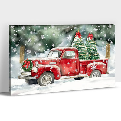 Art mural sur toile grand camion rouge rétro et arbres de Noël