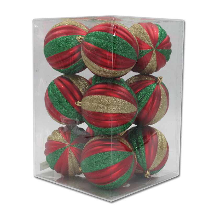 Ensemble de 12 décorations de Noël en forme de boule scintillante arctique, Rouge / Or / Vert