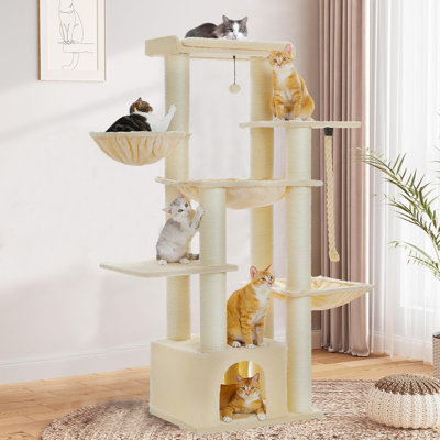 66.5" Tall Cat Tree For Indoor Large Cats, Large Cat Tower For Adult Cats With Super Large Hammock, Cat Climbing Tree Tower With Scratching Posts, Condo House And Large Top Perch