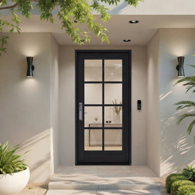 G108-SW-80 | 80" Single Door, RTA Prehung Exterior, SDL 8 Lite, Unfinished Mahogany Wood