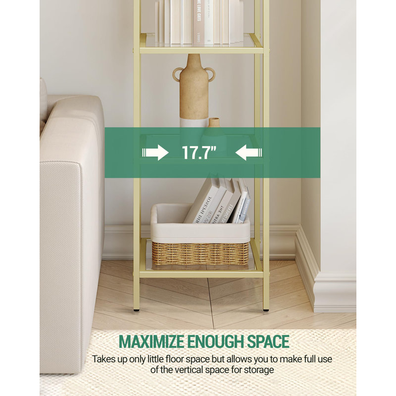 4-Tier Bookcase Bookshelf,Gold Finish Arched Glass Bookcase