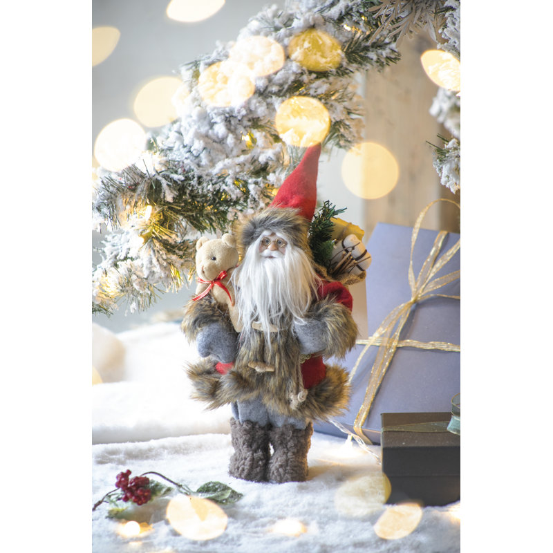 Père Noël debout avec un ours en peluche - 9 po x 8 po x 15 po - rouge, blanc, noir