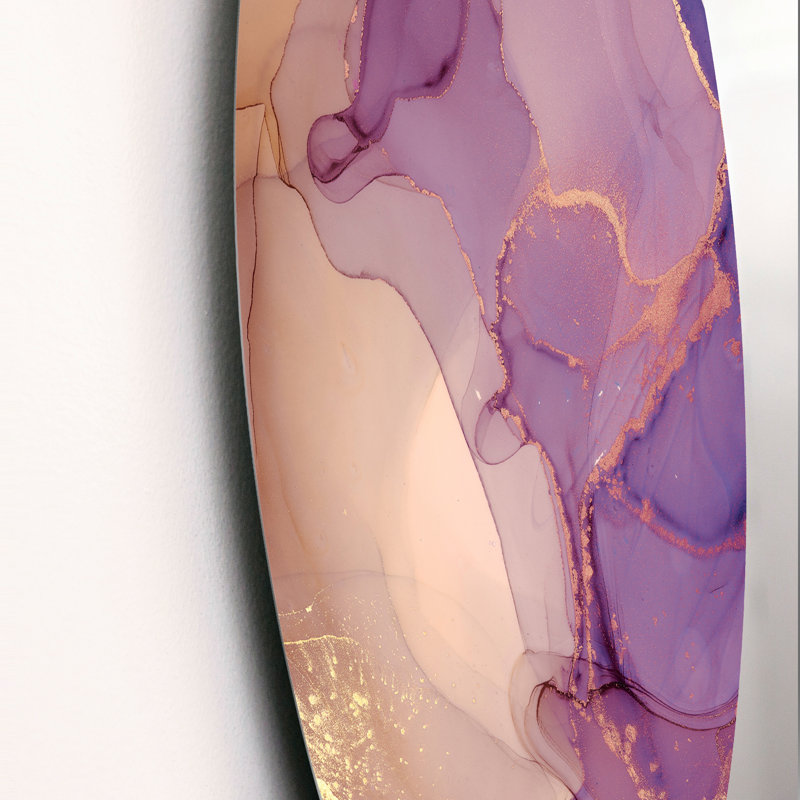Mauve et jaune, nuages d'encre marbrés - art mural moderne cercle métallique, H 36 po x l 36 po x P 1 po