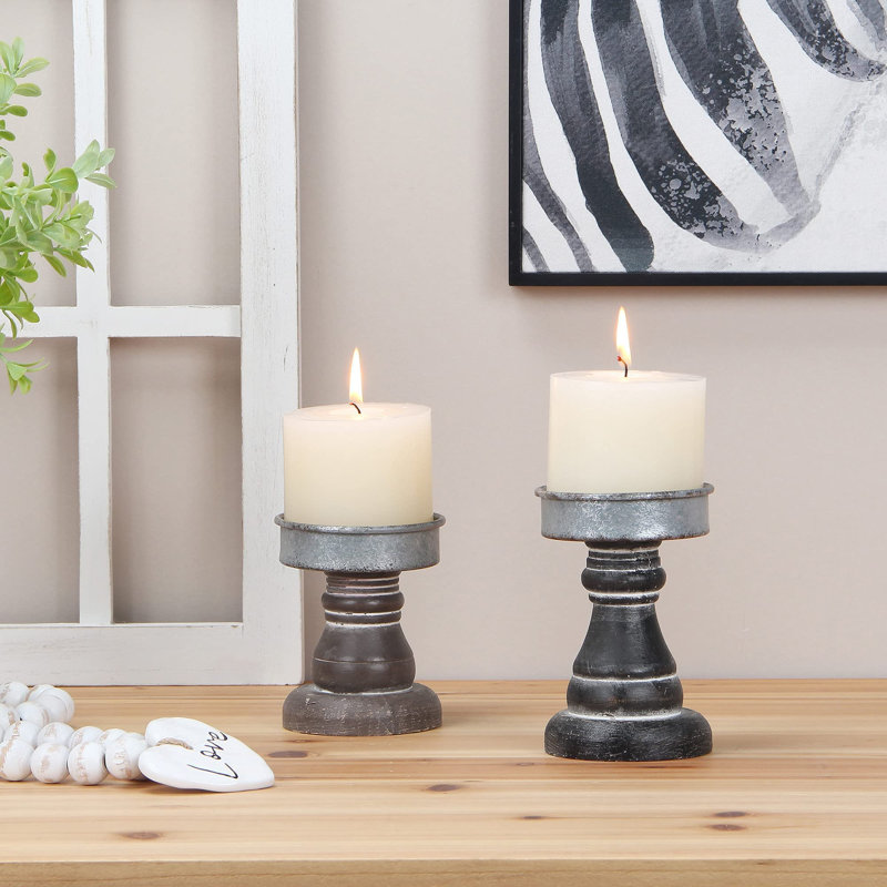 Ensemble de 2 piédestaux décoratifs en bois rustique avec plaque galvanisée, Brun / noir
