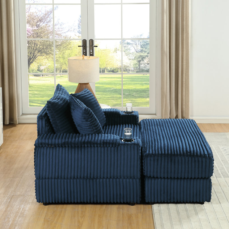 Canapé de coin confortable en velours côtelé bleu avec 2 coussins décoratifs et assise profonde, tissu doux et confortable, structure à ressorts de haute qualité, ergonomie bien pensée, montage facile