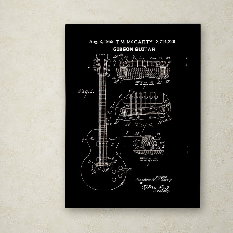 « 1955 mccarty gibson guitare brevet », impression sur toile tendue en noir sur toile, H 19 po x l 14 po x P 2 po