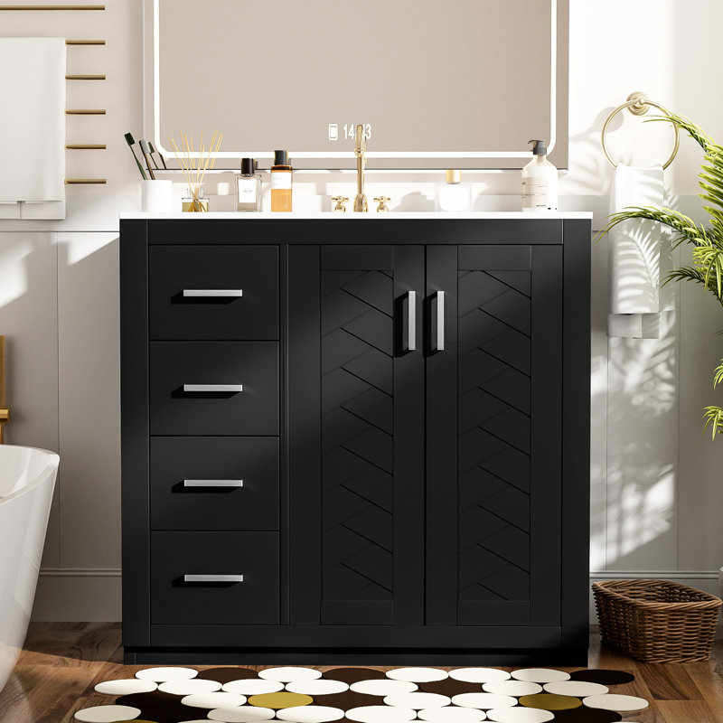 Meuble-lavabo de 36 pouces avec lavabo en céramique, structure en bois massif, charnières, rangement, rangement spacieux pour les produits, style rétro, poignée en métal exquis, glissière à tiroir lisse, lavabo polyvalent de 36 po