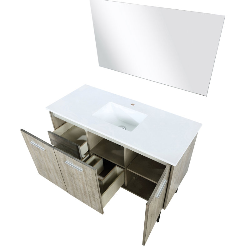 48 po Avec meuble-lavabo de salle de bain rustique avec surface en quartz blanc, 43 miroirs, fonctionnalité de fermeture en douceur et nombreux tiroirs de fermeture de salle de bain
