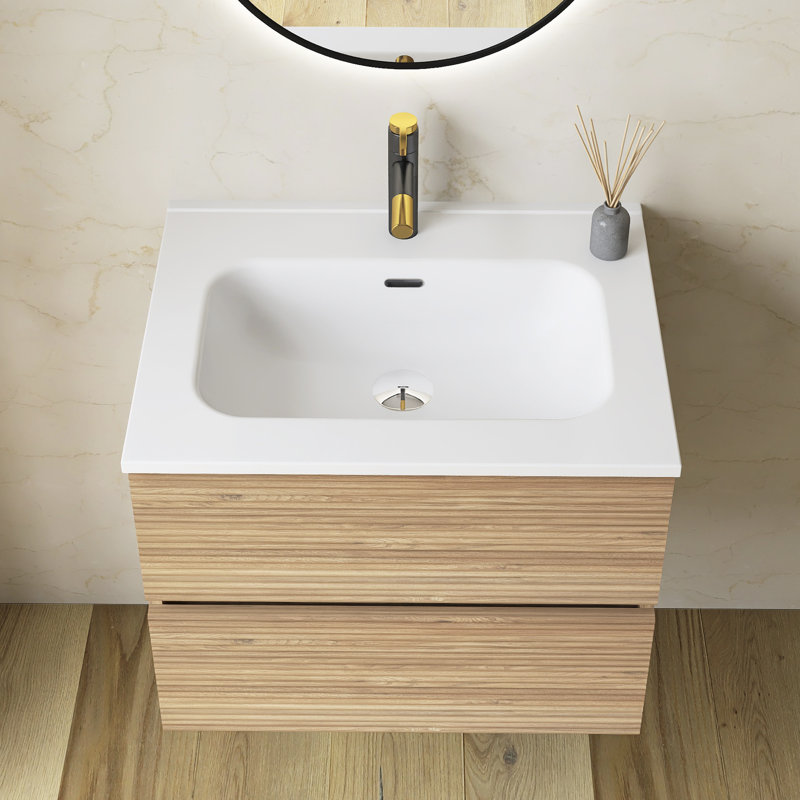 Meuble-lavabo flottant 24 po en chêne et noyer, lavabo intégré en céramique avec trop-plein et 3 trous de robinet, rangement spacieux pour les salles de bain modernes