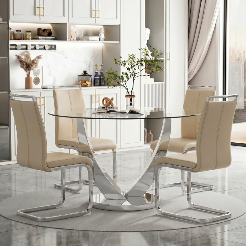 Modern Faux Leather Cantilever Dining Chairs with Chrome Base (Set of 4), Beige, Silver, 4