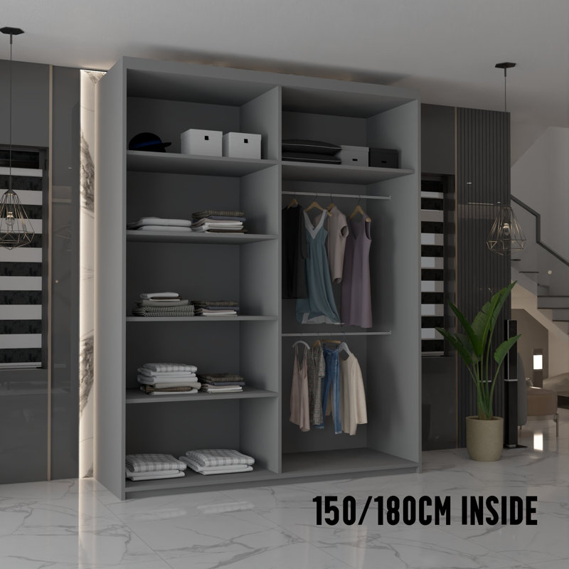 Nyhagen 2 Door Manufactured Wood Wardrobe, Grey, 217cm H x 150cm W x 62cm D