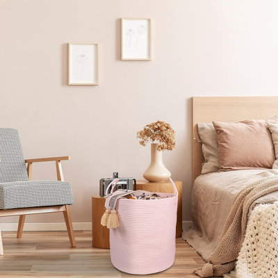 Cotton Rope Laundry Basket Hamper, Woven Storage Bin for Nursery, Bedroom and Living Room, Decorative Tall Basket for Blankets, Toys and Laundry, Light Pink