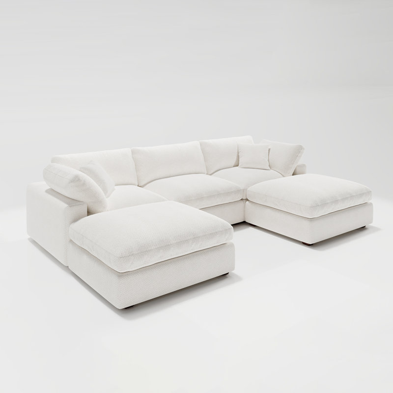 Abramson White U-shaped Chenille Modular Symmetrical Cloud Sofa, 36.2" H x 120.5" W x 78" D, White Chenille