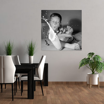 1960S Boy Having Lunch Knocking Over Milk Reaching For Cookie Surprise Splash Indoor Classic Retro Vintage Wall Art