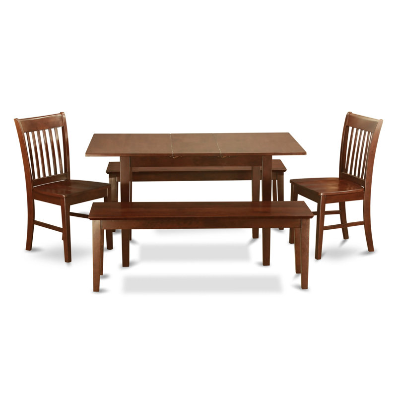 Ensemble de salle à manger 5 pièces comprenant une table de salle à manger rectangulaire avec rallonge papillon et 2 chaises de cuisine avec 2 bancs, 32 x 54 pouces, acajou