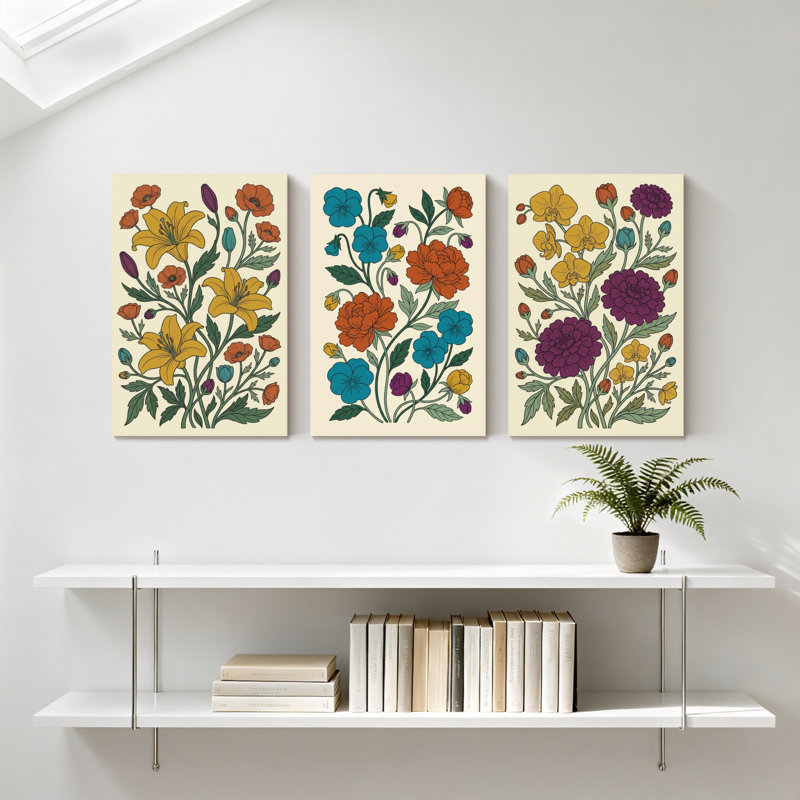 Plantes et fleurs, motif floral avec couleurs vives et feuilles vertes, ensemble de 3 impressions sur toile