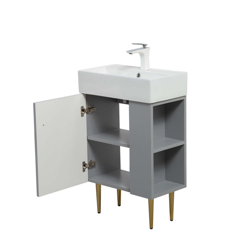 Meuble-lavabo à tablettes ouvertes 21,6 po avec lavabo en céramique, porte à fermeture en douceur, tablette de rangement droite, assemblage requis