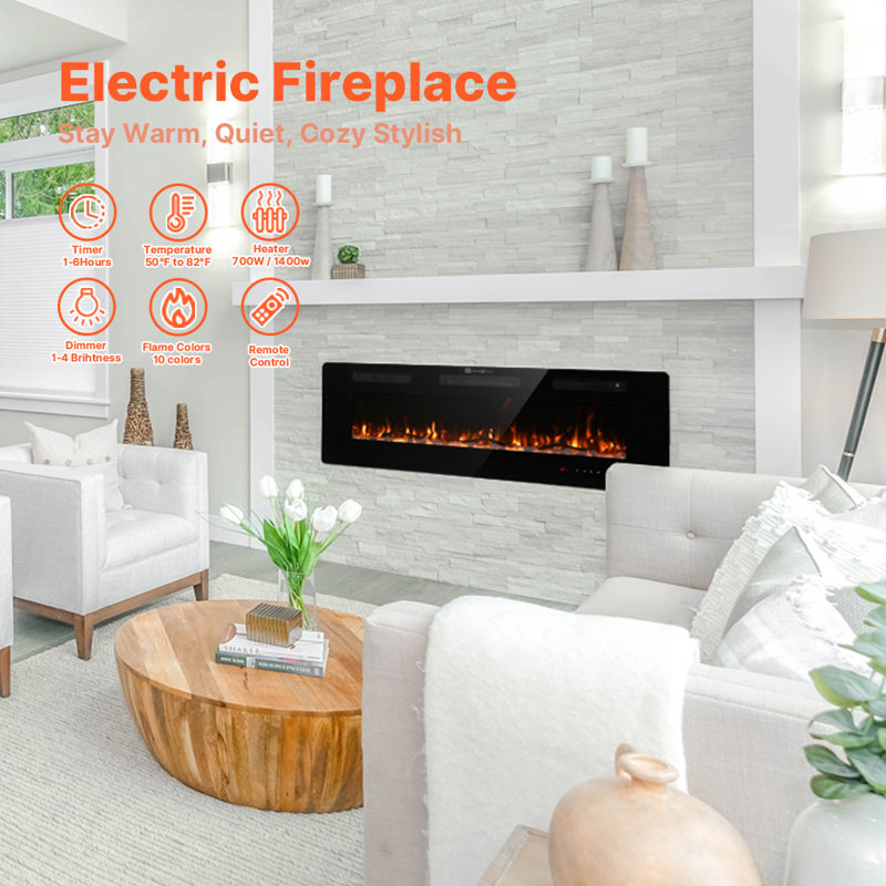 Delph Wall Mounted Electric Fireplace with Timer, Remote Control, Adjustable Flame Color, 700W/1400W
