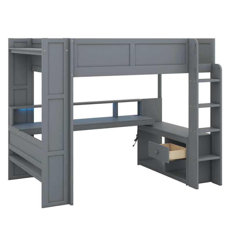 Lit mezzanine en bois pleine grandeur pour jouer, livré avec un bureau, plusieurs tablettes de rangement et une zone de chargement