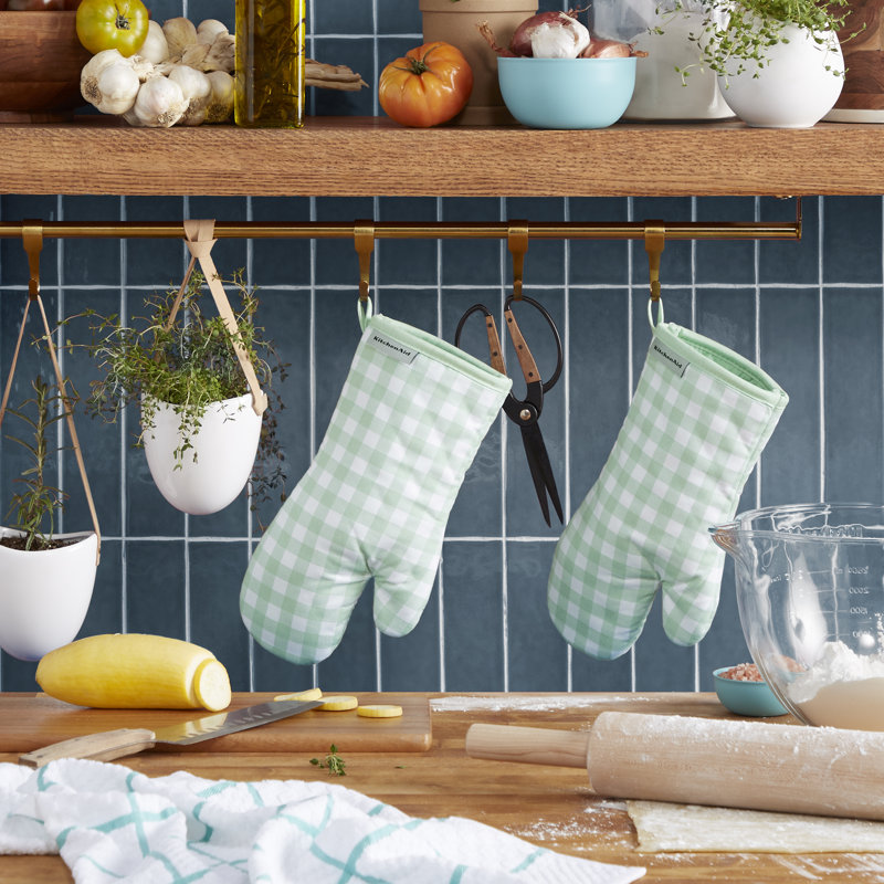 KitchenAid Gingham Oven Mitt 2-Pack Set, 7" x 13", Green