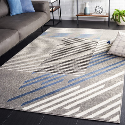 Tapis rayé en jute / sisal / polypropylène tissé à la machine Padro - gris / bleu / ivoire