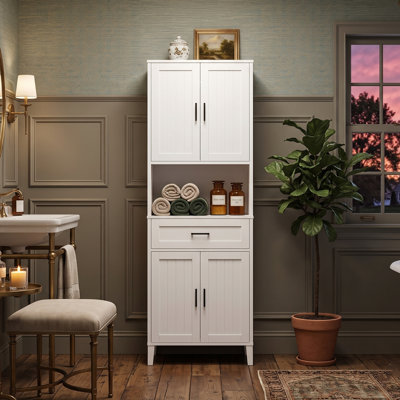 Armoire de salle de bain 70,9 po moderne avec tablette ouverte, unité de rangement en panneau de fibres à densité moyenne avec tablettes réglables et tiroir (blanc)